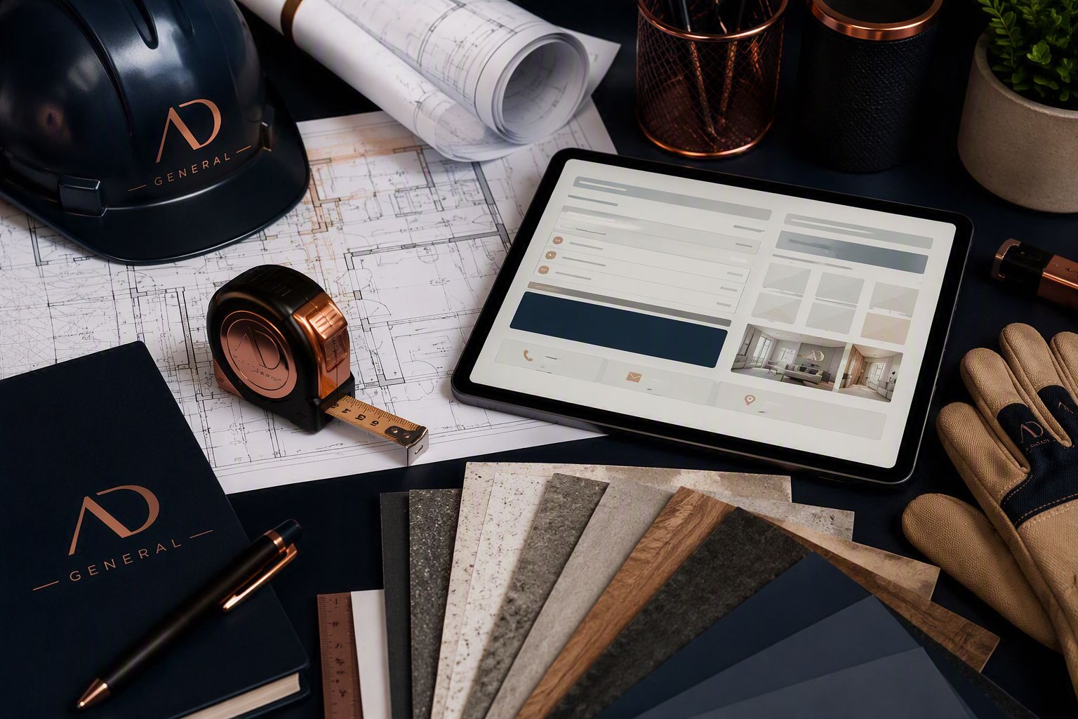 Bauhelm, Grundrisse und Materialmuster auf einem Arbeitstisch