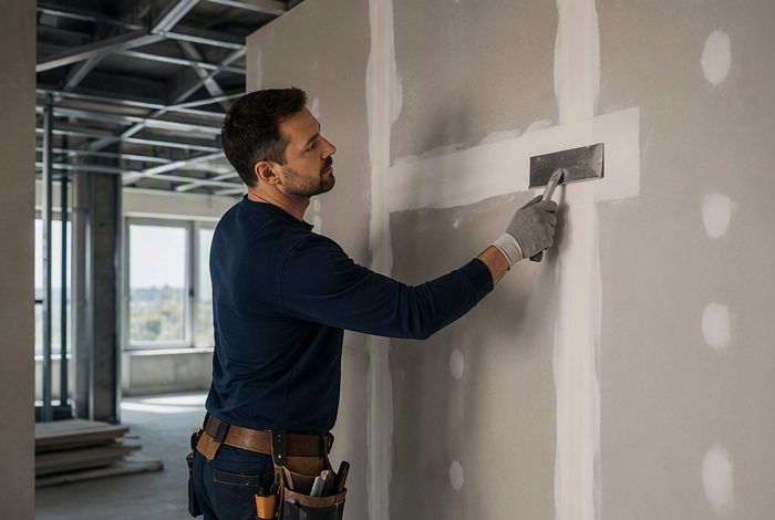 Trockenbauarbeiten an einer Wand im Rohbau